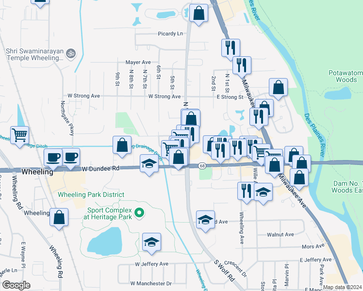 map of restaurants, bars, coffee shops, grocery stores, and more near 70 North Wolf Road in Wheeling