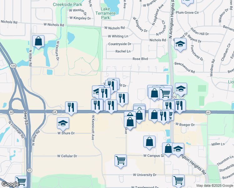 map of restaurants, bars, coffee shops, grocery stores, and more near 800 West Dundee Road in Arlington Heights