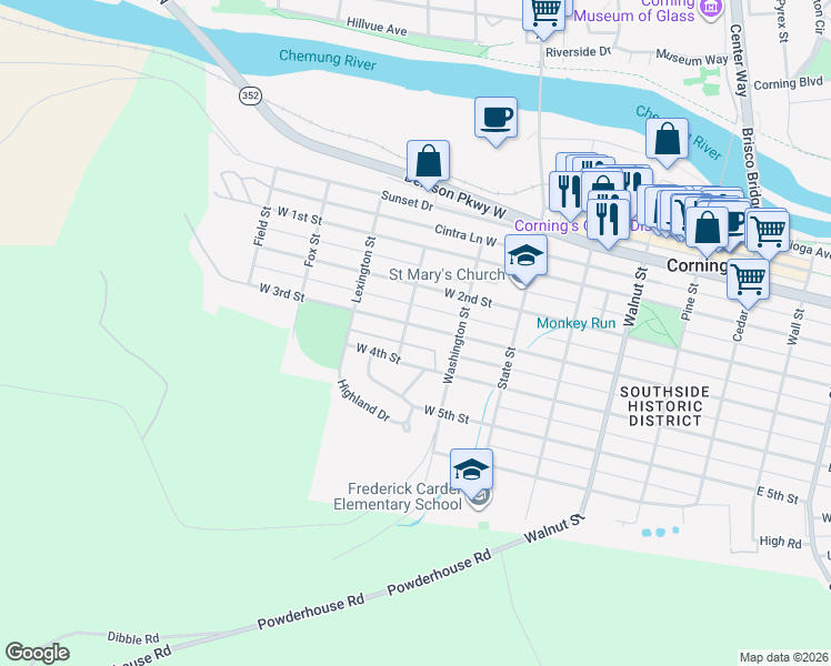 map of restaurants, bars, coffee shops, grocery stores, and more near 240 West 3rd Street in Corning
