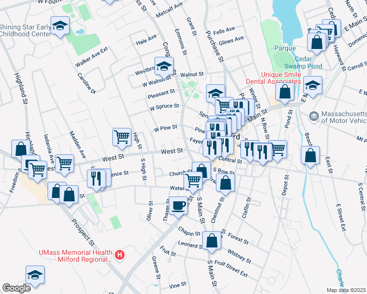 map of restaurants, bars, coffee shops, grocery stores, and more near 1 West Street in Milford