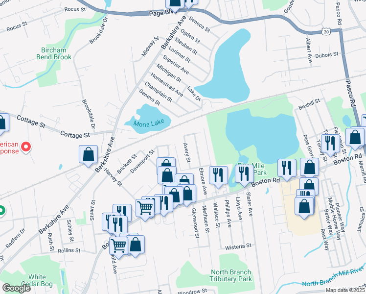 map of restaurants, bars, coffee shops, grocery stores, and more near 132 Avery Street in Springfield
