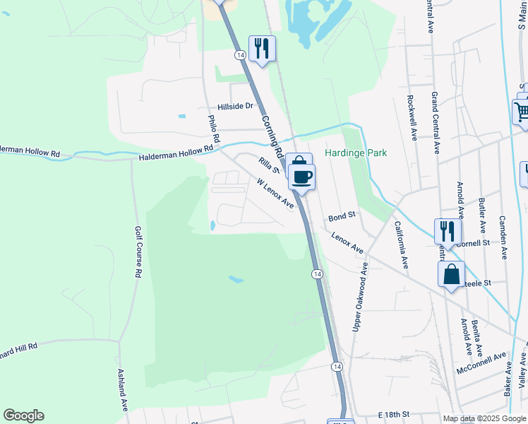 map of restaurants, bars, coffee shops, grocery stores, and more near 110 East Bennett Circle in Elmira