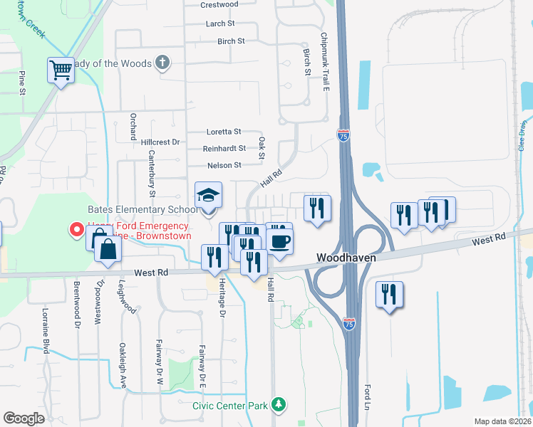 map of restaurants, bars, coffee shops, grocery stores, and more near 23004 Fairlane Boulevard in Woodhaven