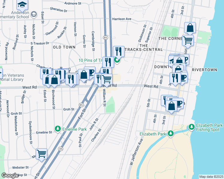 map of restaurants, bars, coffee shops, grocery stores, and more near 1431 West Road in Trenton