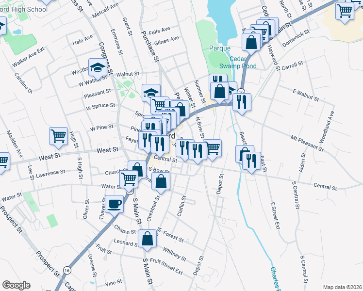 map of restaurants, bars, coffee shops, grocery stores, and more near 23 Spring Street in Milford