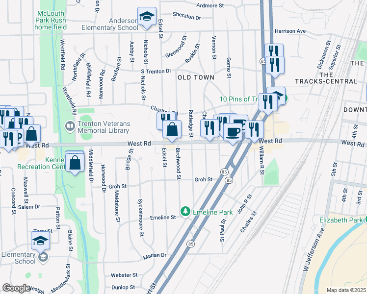 map of restaurants, bars, coffee shops, grocery stores, and more near 2819 Birchwood Street in Trenton