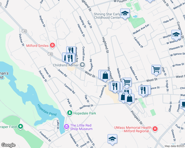 map of restaurants, bars, coffee shops, grocery stores, and more near 171 Massachusetts 140 in Milford