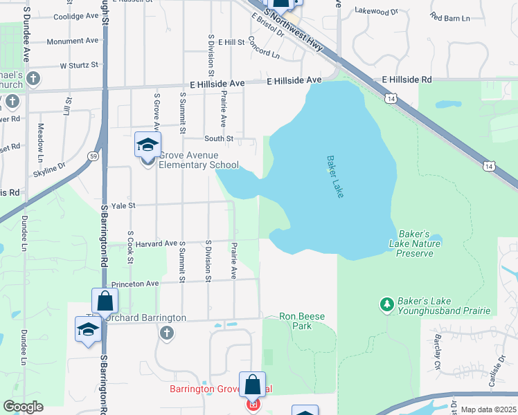 map of restaurants, bars, coffee shops, grocery stores, and more near 1001 South George Street in Barrington