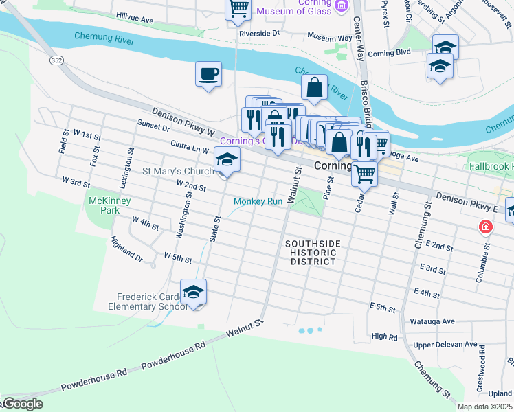 map of restaurants, bars, coffee shops, grocery stores, and more near 96-98 West 2nd Street in Corning