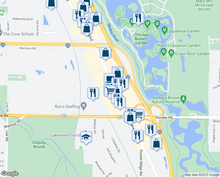 map of restaurants, bars, coffee shops, grocery stores, and more near 772 Skokie Boulevard in Northbrook