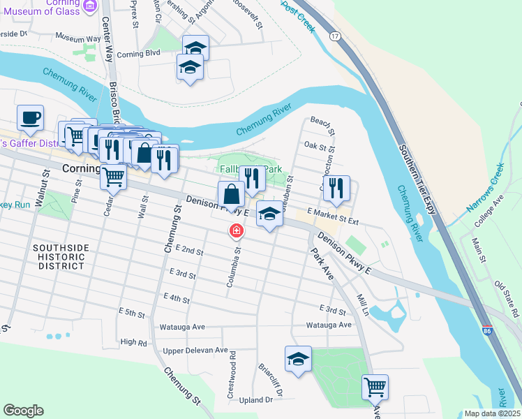 map of restaurants, bars, coffee shops, grocery stores, and more near 265 Denison Parkway East in Corning
