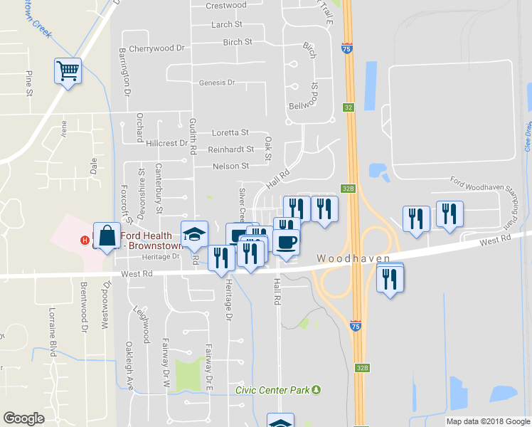 map of restaurants, bars, coffee shops, grocery stores, and more near 23071 Fairlane Boulevard in Woodhaven