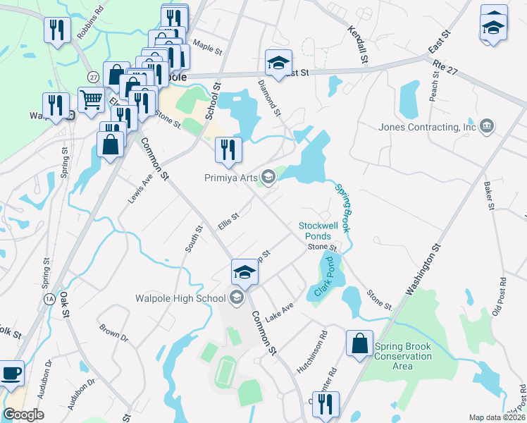 map of restaurants, bars, coffee shops, grocery stores, and more near 201 Stone Street in Walpole