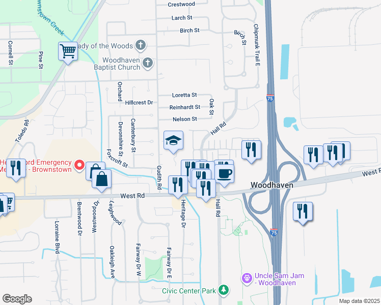 map of restaurants, bars, coffee shops, grocery stores, and more near 22540 Silver Creek Dr in Trenton