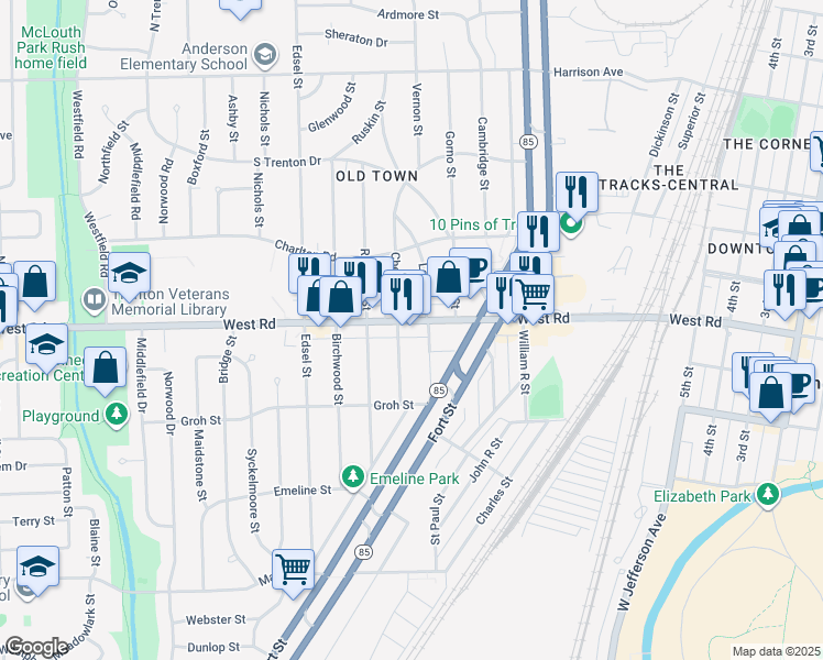 map of restaurants, bars, coffee shops, grocery stores, and more near 2033 West Road in Trenton