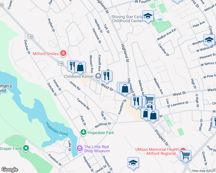 map of restaurants, bars, coffee shops, grocery stores, and more near 171 Massachusetts 140 in Milford