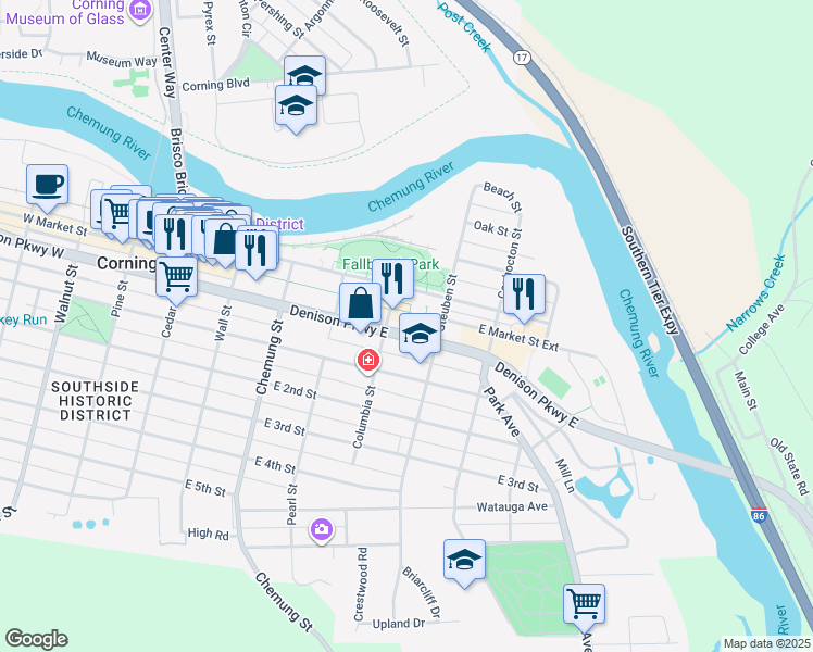 map of restaurants, bars, coffee shops, grocery stores, and more near 285 Denison Parkway East in Corning
