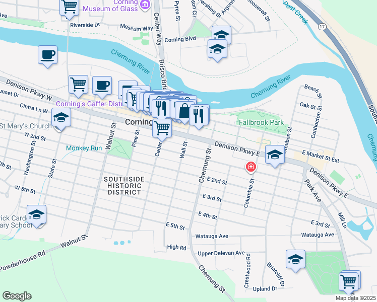 map of restaurants, bars, coffee shops, grocery stores, and more near 107 East 1st Street in Corning
