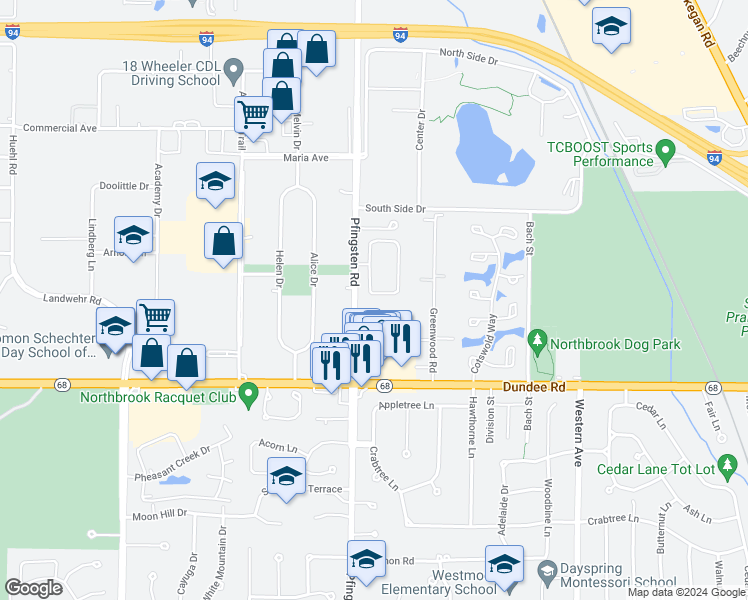 map of restaurants, bars, coffee shops, grocery stores, and more near 616 Dunsten Circle in Northbrook