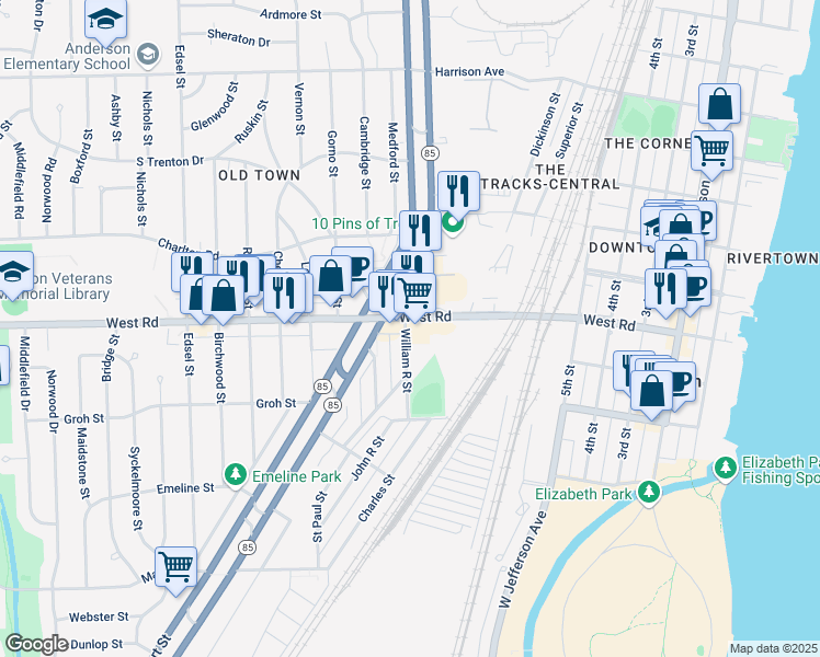 map of restaurants, bars, coffee shops, grocery stores, and more near 1645 West Road in Trenton