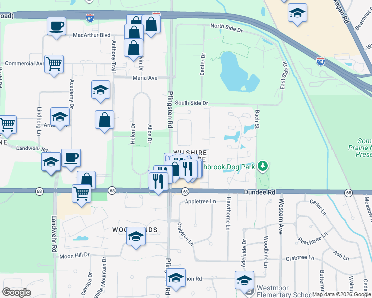 map of restaurants, bars, coffee shops, grocery stores, and more near 616 Dunsten Circle in Northbrook