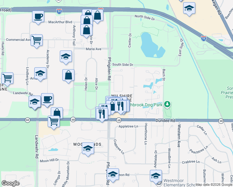 map of restaurants, bars, coffee shops, grocery stores, and more near 616 Dunsten Circle in Northbrook