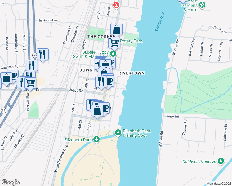 map of restaurants, bars, coffee shops, grocery stores, and more near 2761 Riverside Drive in Trenton