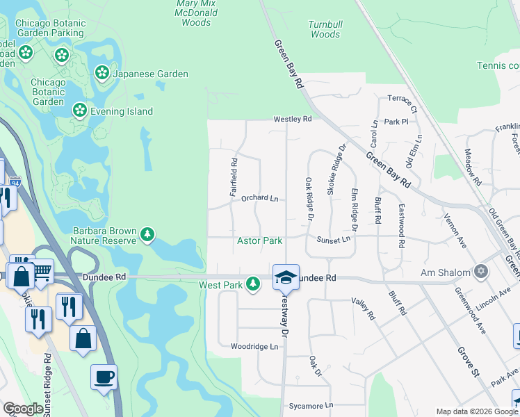 map of restaurants, bars, coffee shops, grocery stores, and more near 1143 Mayfair Lane in Glencoe