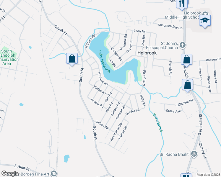 map of restaurants, bars, coffee shops, grocery stores, and more near 51 West Shore Road in Holbrook