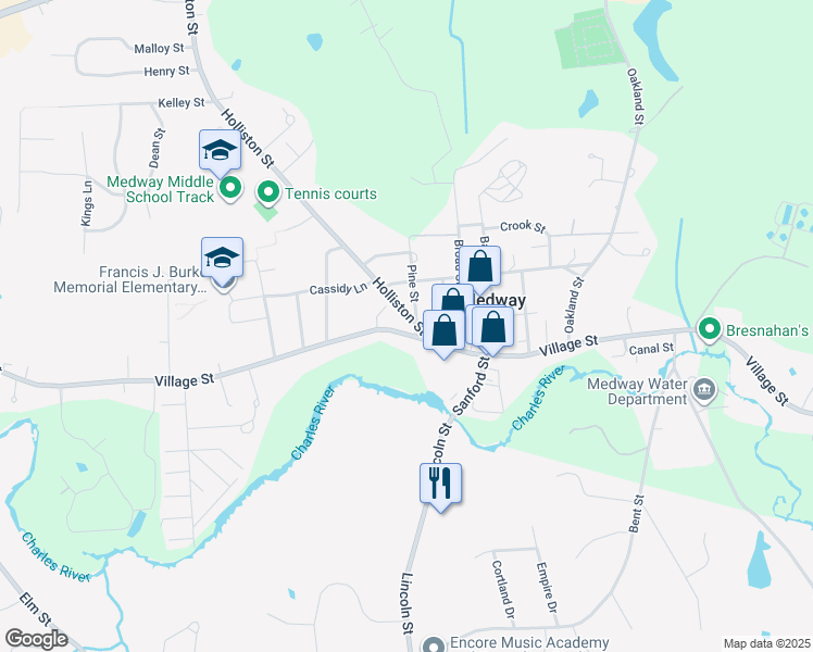 map of restaurants, bars, coffee shops, grocery stores, and more near 180 Village Street in Medway