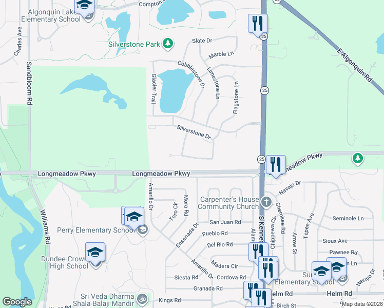 map of restaurants, bars, coffee shops, grocery stores, and more near 2703 Silverstone Drive in Carpentersville