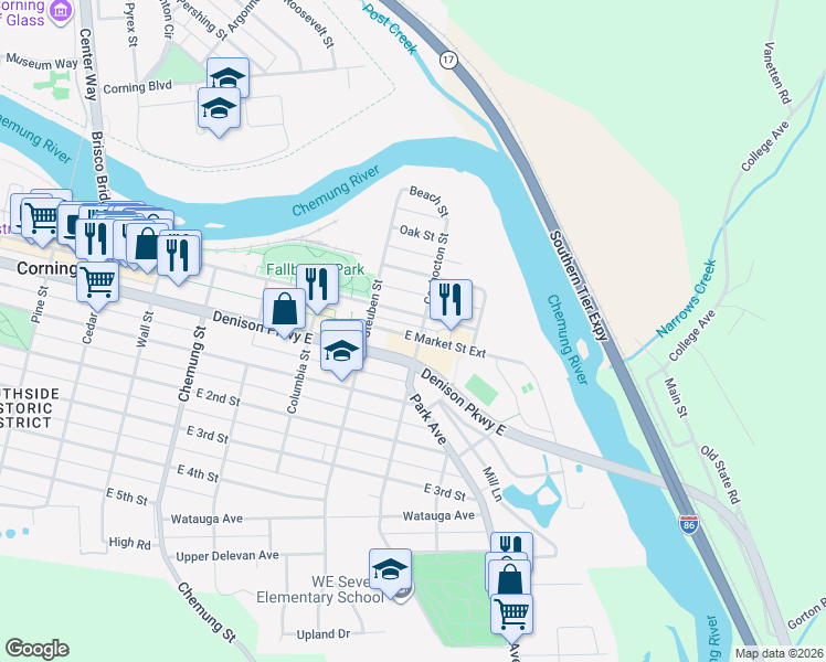 map of restaurants, bars, coffee shops, grocery stores, and more near 353 East Market Street in Extensoin