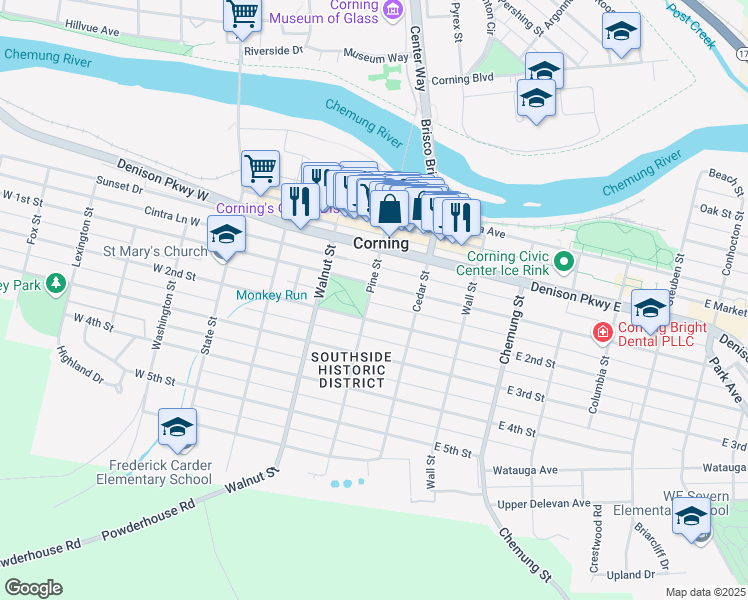 map of restaurants, bars, coffee shops, grocery stores, and more near 162 Pine Street in Corning