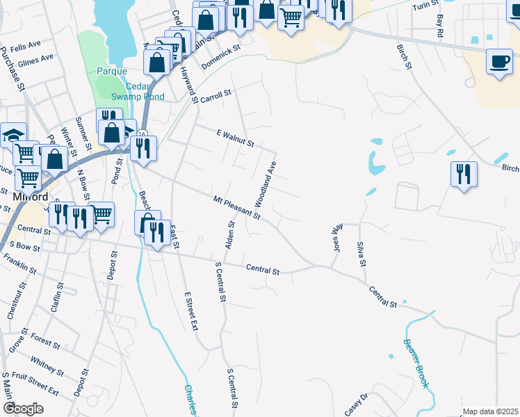 map of restaurants, bars, coffee shops, grocery stores, and more near 118 Woodland Avenue in Milford