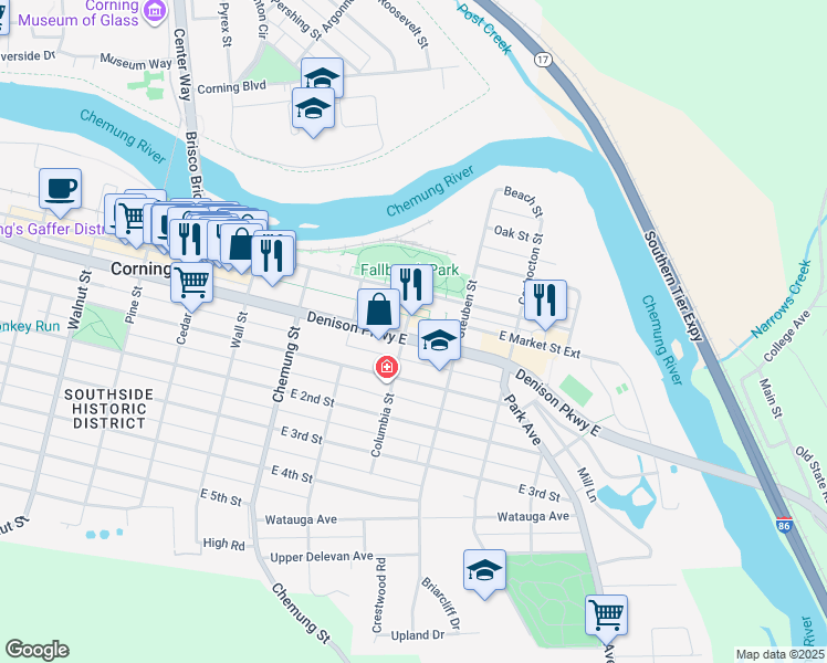 map of restaurants, bars, coffee shops, grocery stores, and more near 114 Columbia Street in Corning