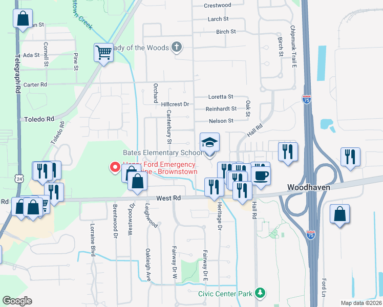 map of restaurants, bars, coffee shops, grocery stores, and more near 22408 Old Mill Court in Trenton