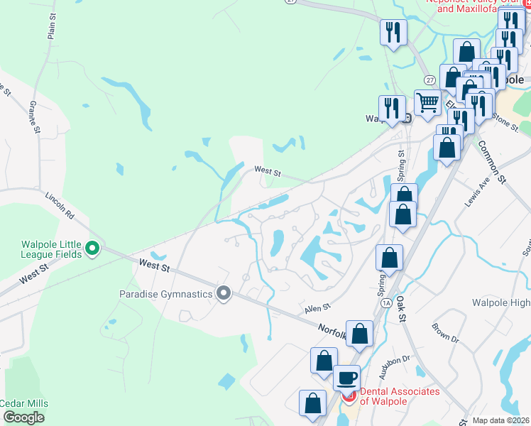 map of restaurants, bars, coffee shops, grocery stores, and more near 20 Heron Circle in Walpole