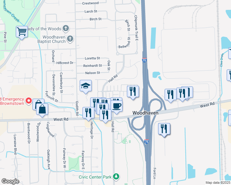 map of restaurants, bars, coffee shops, grocery stores, and more near 22029 Fairlane Boulevard in Woodhaven