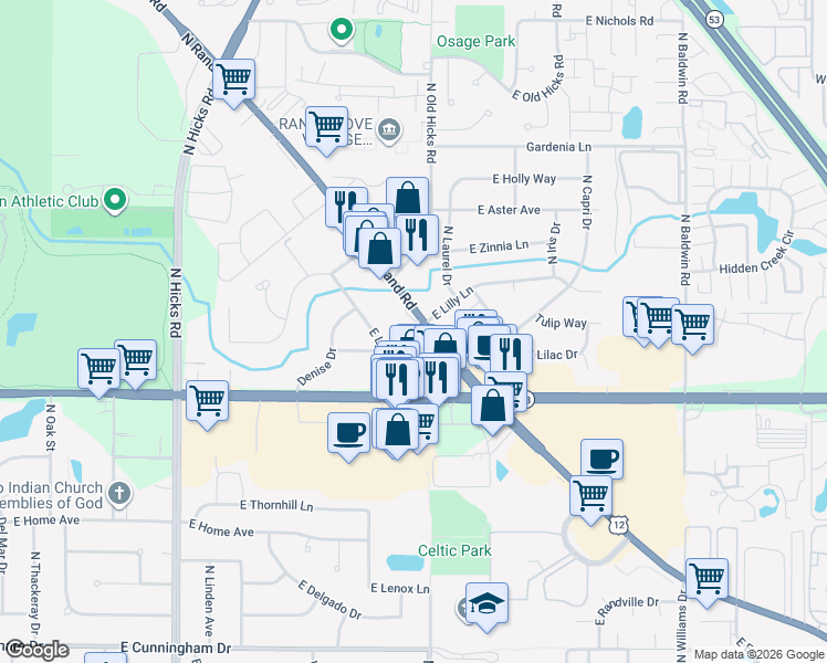 map of restaurants, bars, coffee shops, grocery stores, and more near 1720 North Rand Road in Palatine