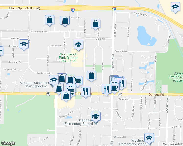 map of restaurants, bars, coffee shops, grocery stores, and more near 640 Helen Drive in Northbrook