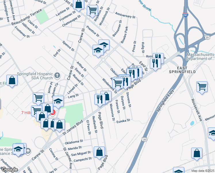 map of restaurants, bars, coffee shops, grocery stores, and more near 54 Windemere Street in Springfield