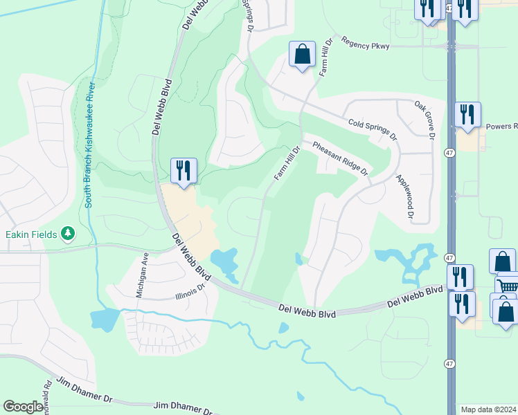 map of restaurants, bars, coffee shops, grocery stores, and more near 12983 Farm Hill Drive in Huntley