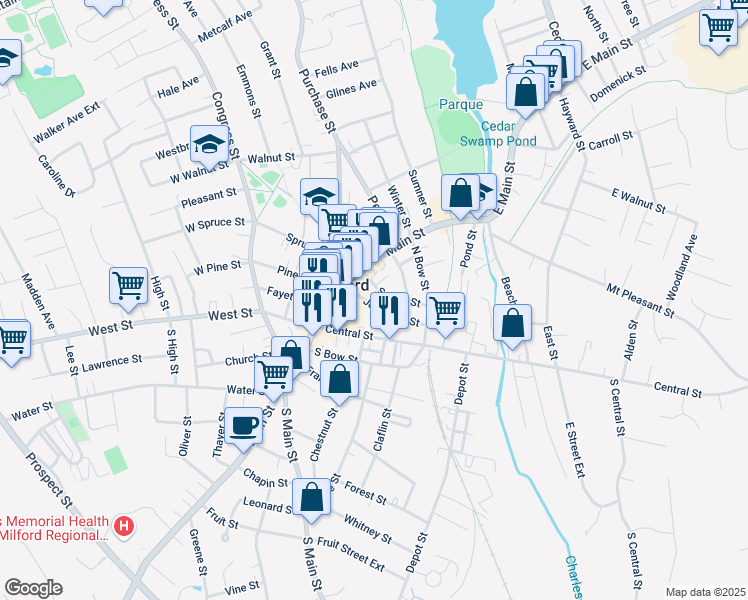 map of restaurants, bars, coffee shops, grocery stores, and more near in Milford