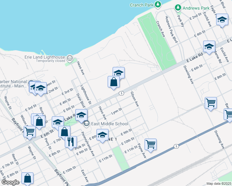 map of restaurants, bars, coffee shops, grocery stores, and more near 1411 East Lake Road in Erie