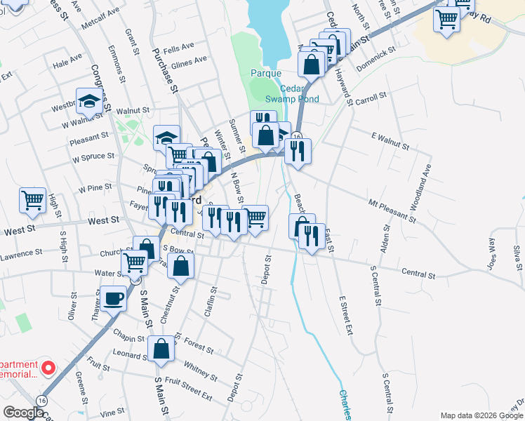 map of restaurants, bars, coffee shops, grocery stores, and more near 48 Pond Street in Milford