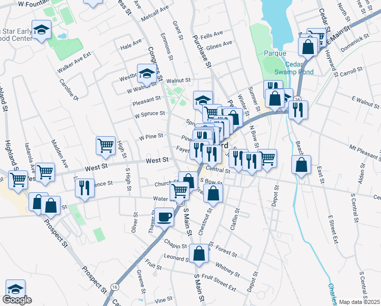 map of restaurants, bars, coffee shops, grocery stores, and more near 9 Clark Street in Milford