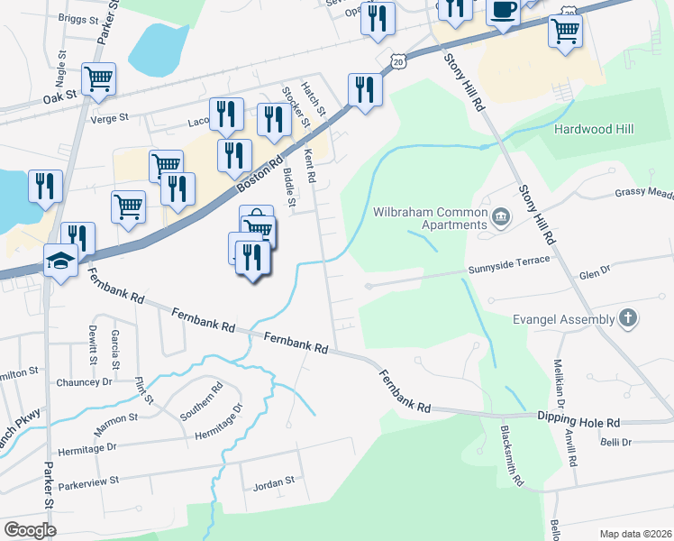 map of restaurants, bars, coffee shops, grocery stores, and more near 29 Waterford Circle in Springfield