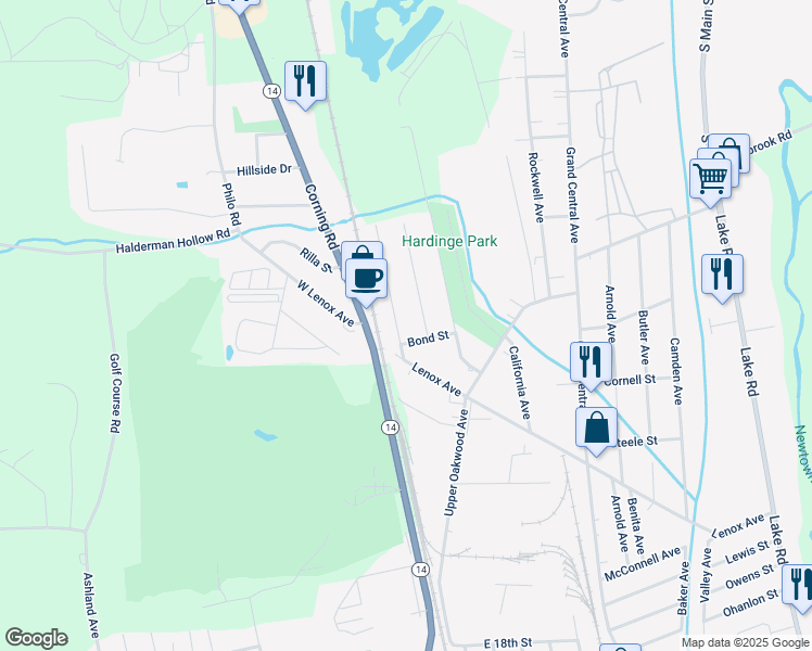 map of restaurants, bars, coffee shops, grocery stores, and more near 3507 Michigan Avenue in Elmira