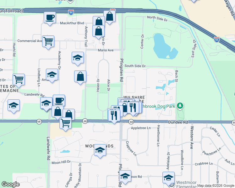 map of restaurants, bars, coffee shops, grocery stores, and more near 654 Pfingsten Road in Northbrook