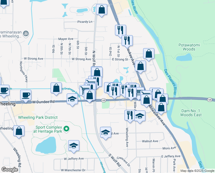 map of restaurants, bars, coffee shops, grocery stores, and more near 100 Deborah Lane in Wheeling